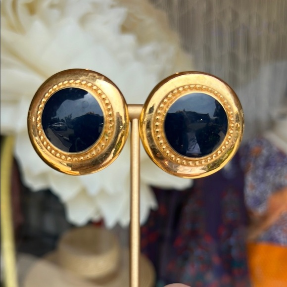 St. John Vintage Gold Tone and Navy Enamel Clip On Earring - Picture 1 of 10